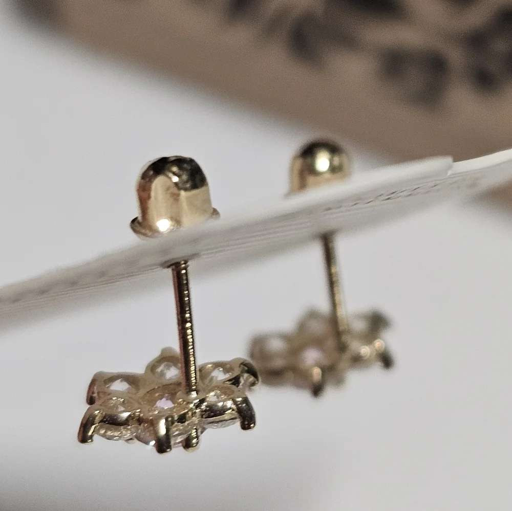 14KT Italian Gold Flower CZ Screw Back Stud Earrings October